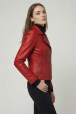 Side profile of slim fit dark red leather jacket for women