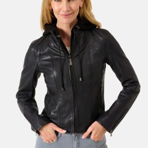 Womens Black Leather Hooded Jacket