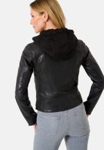 Womens Black Leather Hooded Jacket