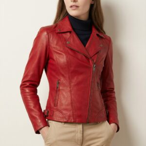 Women’s dark red leather moto jacket laid flat