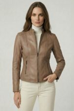 elegant taupe leather jacket for women full front