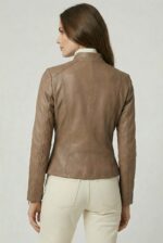 taupe leather jacket for women back profile