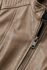 taupe leather jacket for women close shot