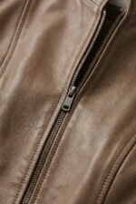 taupe leather jacket zipper detail