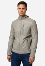 Grey Hooded Leather Jacket