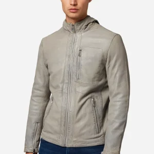 Grey Hooded Leather Jacket