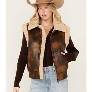Womens Leather Sherpa Vest