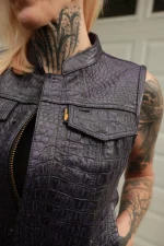 womens black leather biker vest