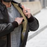 Interior pocket and khaki lining of A-2 pilot jacket