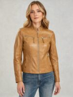Aurelia Tan Leather Cafe Racer Jacket
