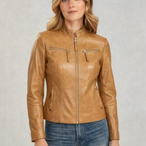 Aurelia Tan Leather Cafe Racer Jacket