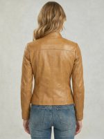 Back view of Women’s Tan Leather Cafe Racer Jacket Aurelia showing tailored fit, clean paneling, and semi-aniline lambskin leather finish
