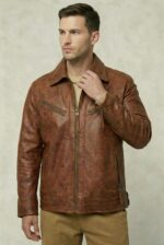Men’s Brown Cowhide Leather Jacket - Ridgewood - Front Collar Focus