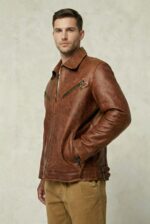 Men’s Brown Cowhide Leather Jacket - Ridgewood - Hands in Pocket Shot