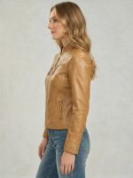 Side view of Women’s Tan Leather Cafe Racer Jacket Aurelia highlighting tailored fit, sleeve length, and semi-aniline lambskin leather