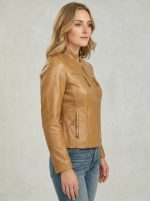Side view of women’s tan leather cafe racer jacket Aurelia showing tailored fit