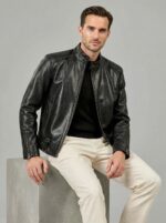 Close-up of top grain lambskin leather drape on Leatherings Obsidian black cafe racer jacket