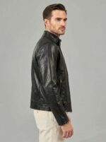 Side detail showing flexible top grain lambskin sleeve on Leatherings Obsidian black cafe racer jacket