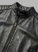 Close-up of antique tone zipper and top grain lambskin leather on Leatherings Obsidian cafe racer jacket