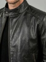 Close-up texture of top grain lambskin leather on Leatherings Obsidian black cafe racer jacket