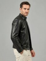 Close-up of top grain lambskin leather texture on Leatherings Obsidian black cafe racer jacket